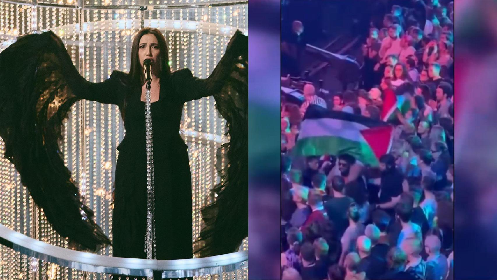 Imagen de uno de los ensayos de Israel en Eurovisión 2025 y la bandera de Palestina que entorpecido el ensayo.