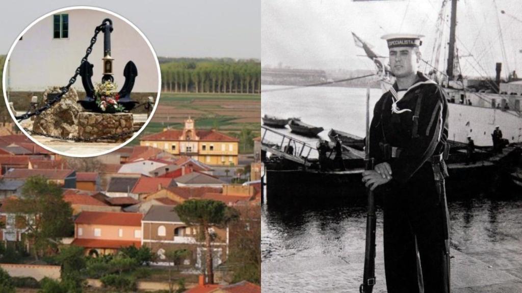 Imagen del municipio leonés de Alija del Infantado y de un marinero procedente de la localidad, en un montaje de EL ESPAÑOL