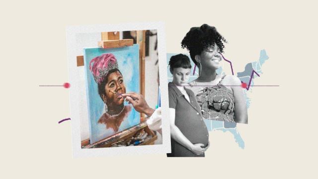 Ilustración realizada a partir de uno de los retratos que pinta Omari Maynard; en el centro, una mujer embarazada; a la derecha, la esposa del artista, Shamony Makeba Gibson.