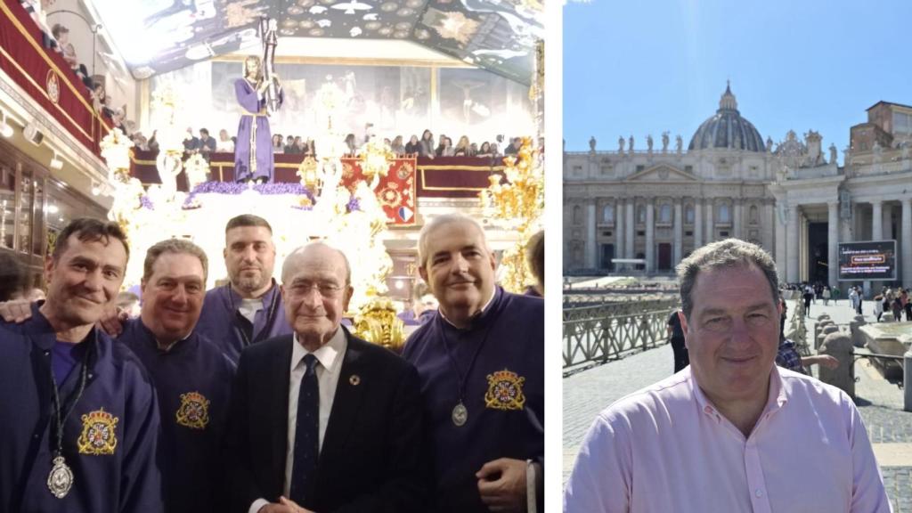 Jesús Burgos, con el alcalde y otros hermanos de la Esperanza en su última salida con el Nazareno del Paso y una imagen de él hoy en El Vaticano.