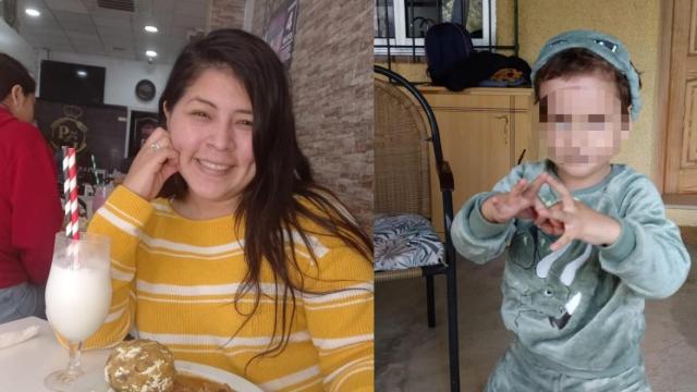 Andrea, la madre a la que un juzgado le retiró la custodia de su hijo, por maltrato en el ámbito familiar, junto a una imagen del pequeño Bernardino, desaparecido desde el 3 de mayo.