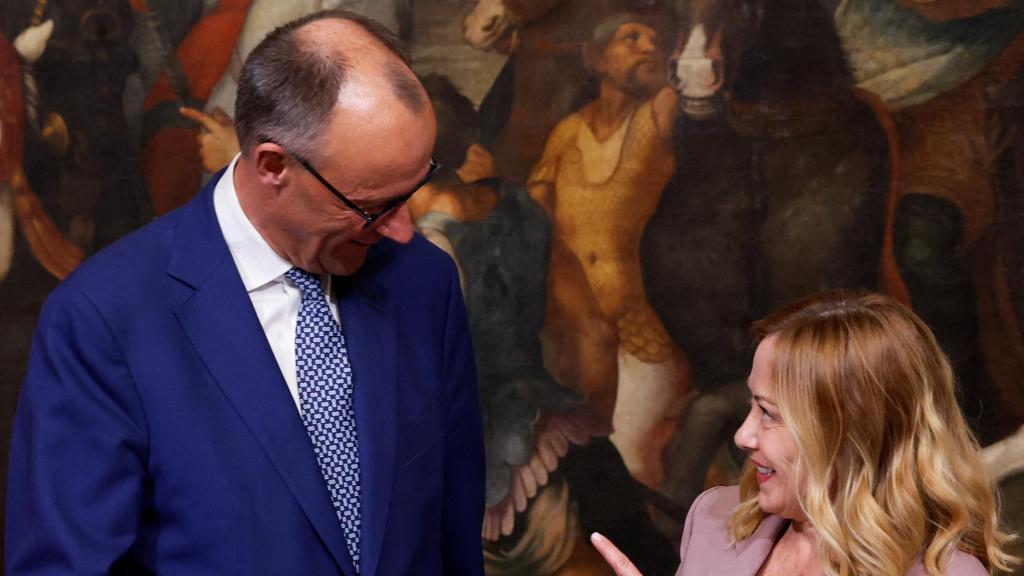 Friedrich Merz, canciller de Alemania,  y Giorgia Meloni, presidenta de Italia, durante su rueda de prensa en Roma.