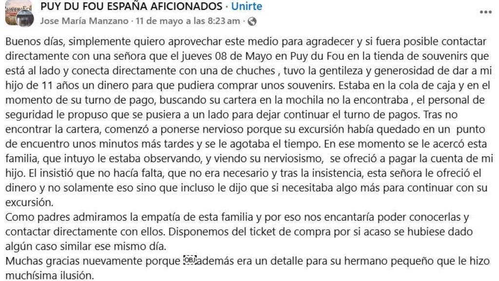 Mensaje del padre. Foto: Grupo de Facebook 'PUY DU FOU ESPAÑA AFICIONADOS'.