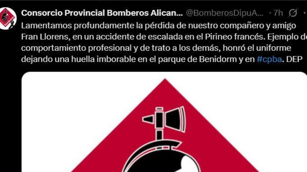 El mensaje de pésame publicado en la cuenta de X del Consorcio Provincial de Bomberos de Alicante.