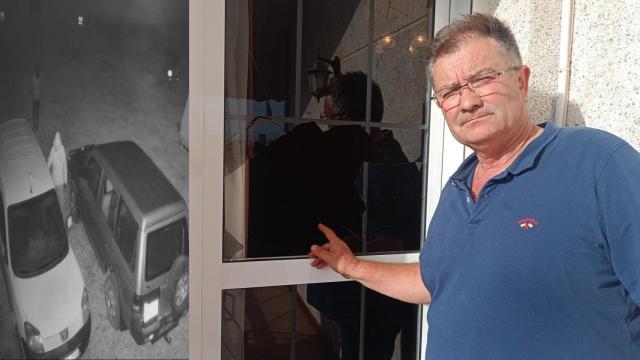 Un fotograma de los asaltantes, junto a una imagen de Félix Garre, este domingo, mostrando los desperfectos de la puerta por la que entraron dos asaltantes.