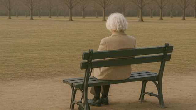 Una mujer jubilada descansando en el banco de un parque.