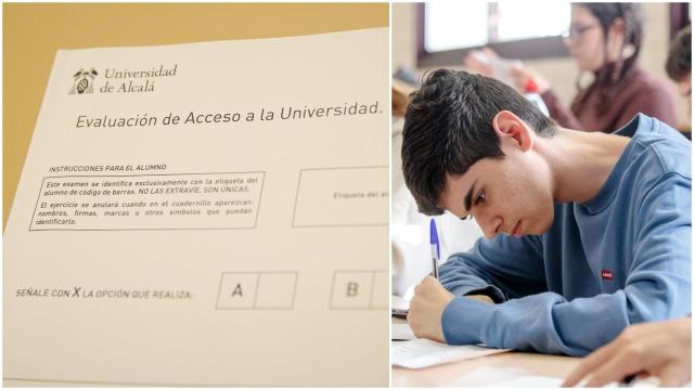 A la izquierda, una prueba de la Selectividad y, a la derecha, un estudiante haciendo un examen.