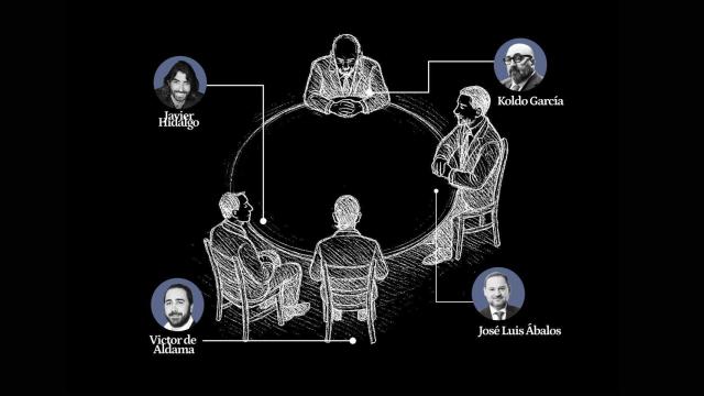 Ilustración con los principales protagonistas de las reuniones entre Air Europa y el Ministerio de Transportes: Javier Hidalgo, Koldo García, Víctor de Aldama y José Luis Ábalos.