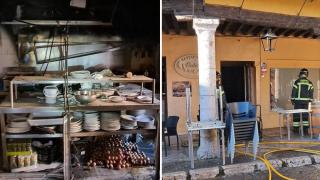 Los Bomberos de Tordesillas trabajando en el Bar El Pedernal y material de cocina calcinado