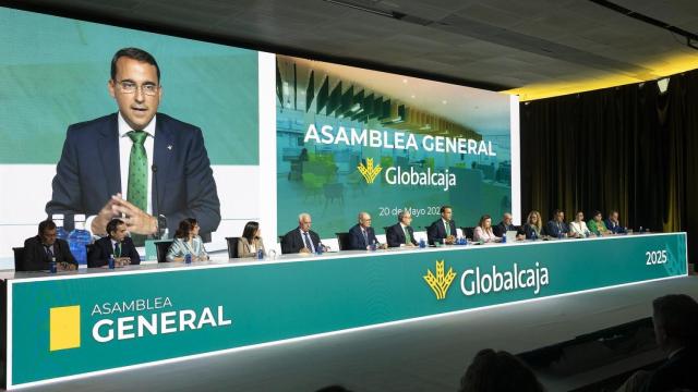 Pedro Palacios durante su intervención en la Asamblea General de Globalcaja, que se ha celebrado este martes en Albacete.