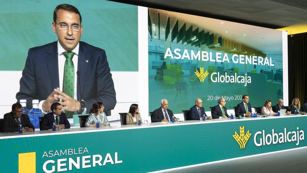 Pedro Palacios durante su intervención en la Asamblea General de Globalcaja, que se ha celebrado este martes en Albacete.