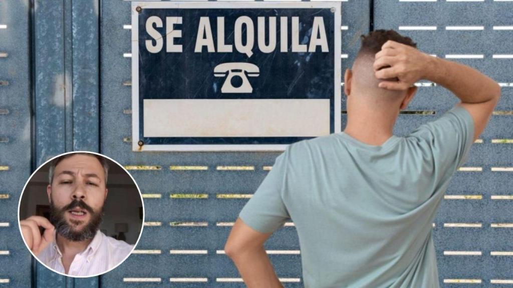 Montaje de Alberto Sánchez, abogado, en frente de un piso en alquiler.
