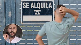 Montaje de Alberto Sánchez, abogado, en frente de un piso en alquiler.
