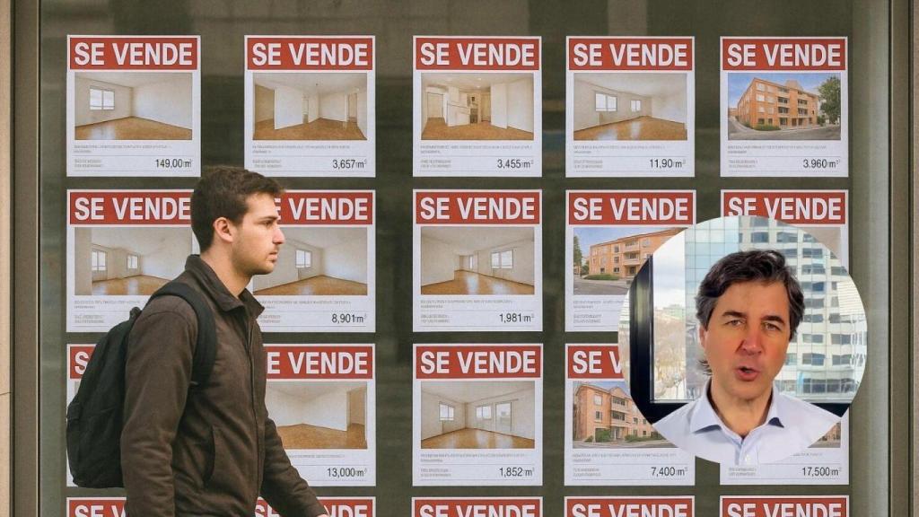 Montaje hombre pasando frente a una agencia inmobiliaria y experto de la agencia Inmobity.