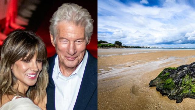 Richard Gere y Alejandra Silva (izquierda) y la espectacular playa de Bastiagueiro con la ciudad de A Coruña al fondo (derecha)