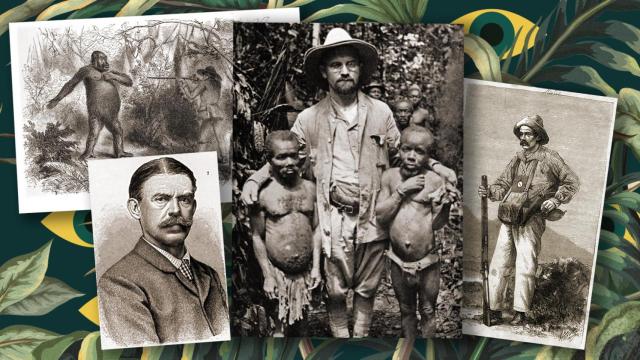 En el centro, Paul Schebesta junto a dos pigmeos, antes de 1935. Arriba a la izq., grabado del encuentro del explorador Paul du Chaillu con un gorila, por H. B. Scammel, 1890. Abajo a la izq., retrato de Georg Schweinfurth. A la dcha., retrato de Paul du Chaillu. Diseño: F. D. Quijano