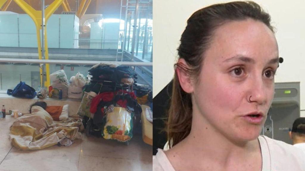 Montaje con aeropuerto de Barajas y Amor Andrés, ex trabajadora del aeropuerto de Barajas en una entrevista con Antena 3.