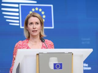 La jefa de la diplomacia europea, Kaja Kallas, durante la reunión de este martes en Bruselas