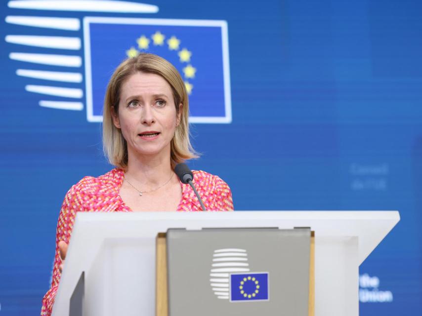 La jefa de la diplomacia europea, Kaja Kallas, durante la reunión de este martes en Bruselas