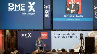 El presidente de la CNMV, Carlos San Basilio, durante la presentación de la nueva modalidad de salidas a bolsa.