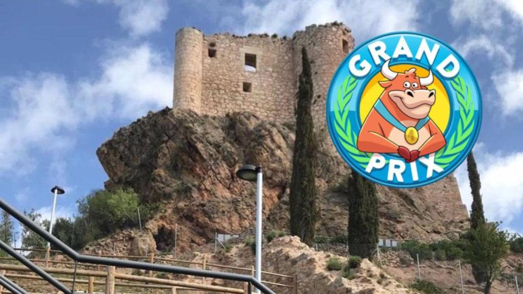 El castillo del pueblo y el logo del 'Grand Prix' en un montaje.
