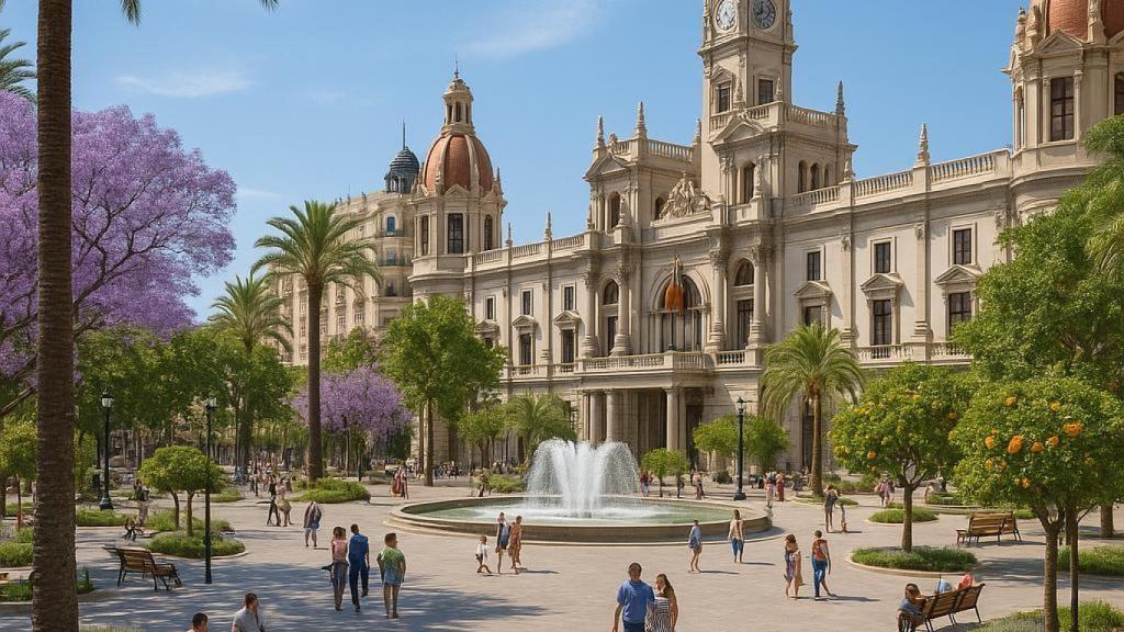 Así sería la plaza del Ayuntamiento de Valencia ideal según la IA. EE