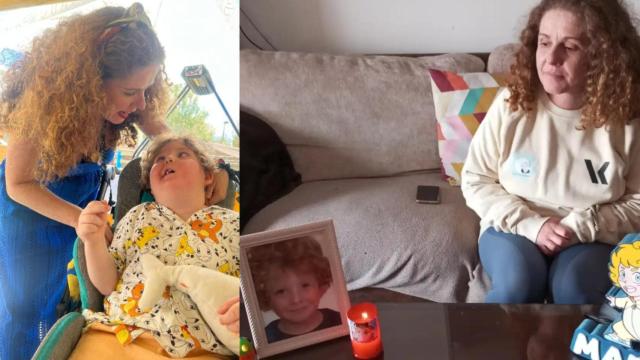 A la izquierda, Isabel Muelas juega con su hijo Martín, y a la derecha contempla una foto del pequeño, varios meses después de su pérdida.
