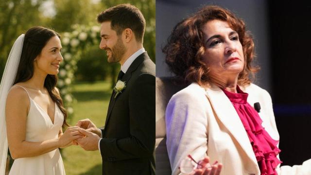 Montaje con pareja casándose y María Jesús Montero, ministra de Hacienda.