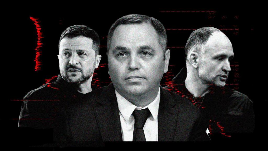 De izquierda a derecha, el presidente de Ucrania, Volodímir Zelenski; el tiroteado, Andréi Portnov; y el subdirector de la Oficina del Presidente de Ucrania, Oleh Tatarov.