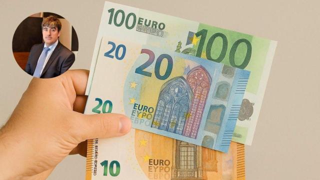 Montaje con mano sosteniendo dólares y Carlos Aso, experto financiero.