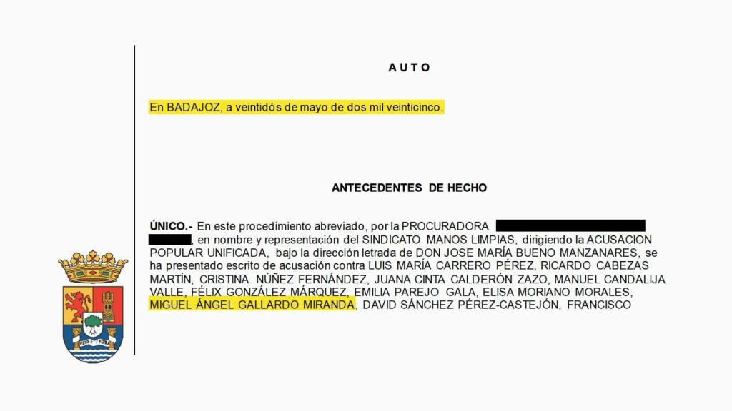 Primera página del auto de apertura de juicio oral, fechado este jueves.