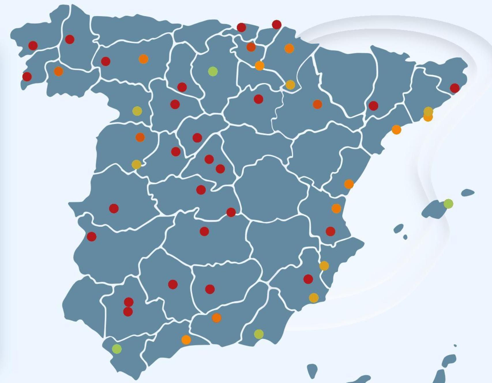 Mapa del estado del polen de las gramíneas en España.