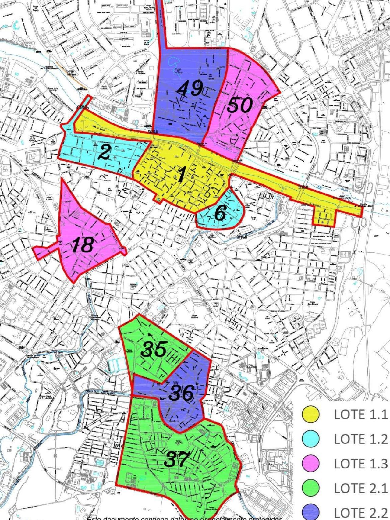 Mapa de las cinco zonas donde se va a actuar, en Zaragoza.