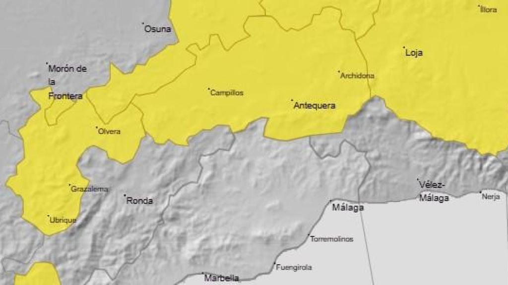 El mapa con el aviso amarillo de este viernes en Antequera.