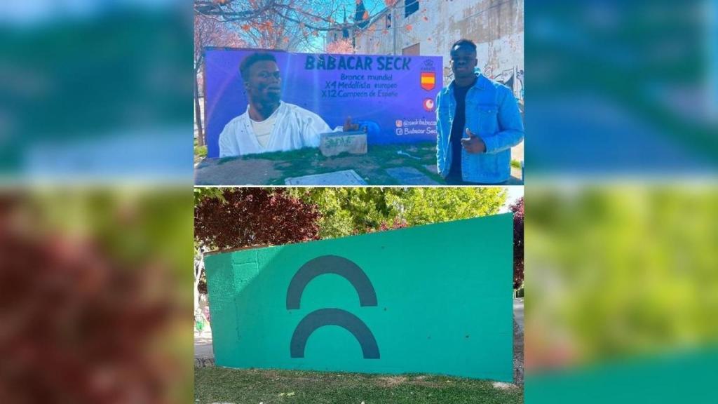 El mural dedicado al medallista Babacar Seck, antes y después de ser borrado.
