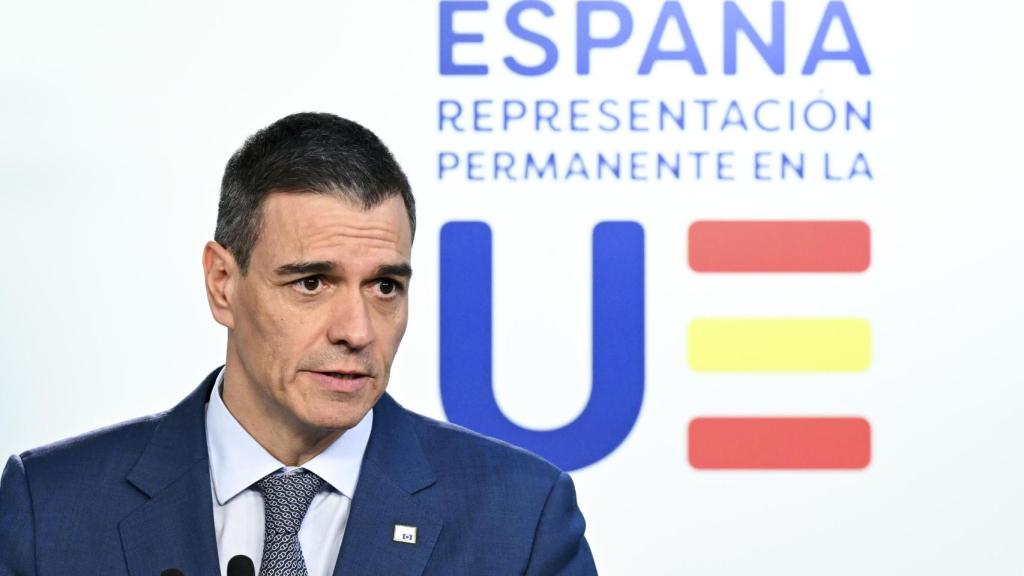 El presidente del Gobierno, Pedro Sánchez, durante una rueda de prensa en Bruselas