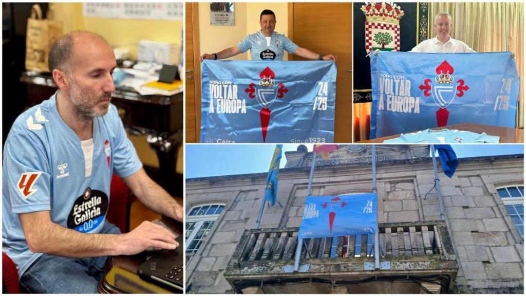 Jácome y los alcaldes de Cuntis y A Cañiza posando con los colores del Celta