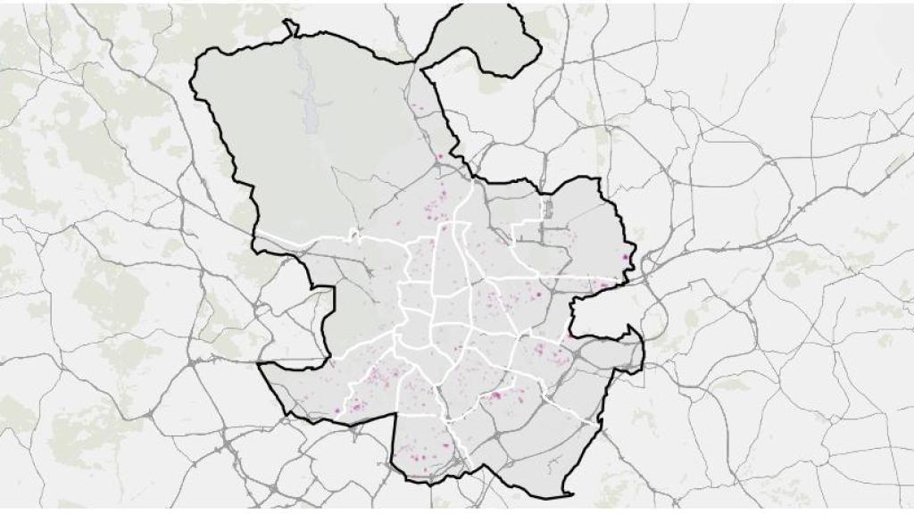 Mapa del geoportal del Ayuntamiento de Madrid elaborado por la empresa Cotesa donde se muestran las cubiertas con presencia de amianto en el término municipal de Madrid.