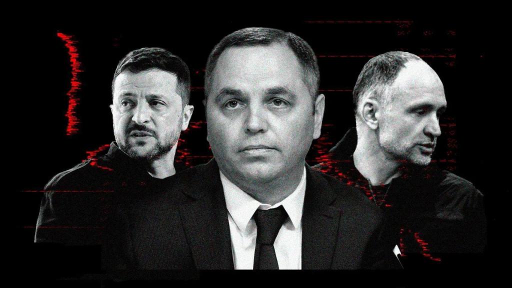 De izquierda a derecha, el presidente de Ucrania, Volodímir Zelenski; el tiroteado, Andréi Portnov; y el subdirector de la Oficina del Presidente de Ucrania, Oleh Tatarov.