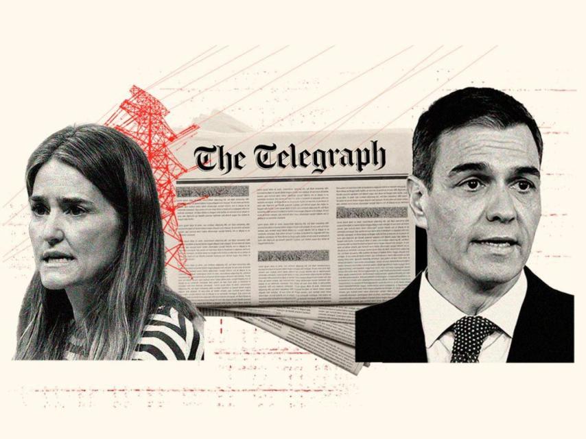 La ministra Sara Aagesen y el presidente Pedro Sánchez, ante la cabecera del rotativo británico 'The Telegraph'.