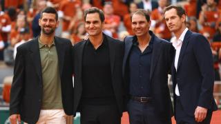 Novak Djokovic, Roger Federer, Rafa Nadal y Andy Murray, juntos durante el homenaje al balear.