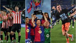 Sancet, Lewandowski y Aspas celebran el objetivo cumplido esta temporada.