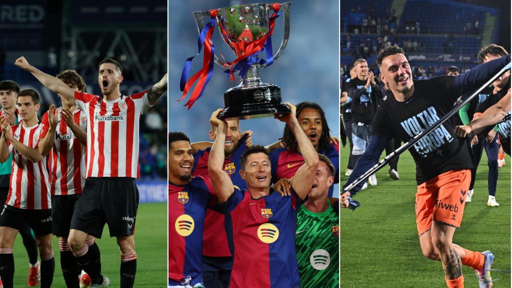 Sancet, Lewandowski y Aspas celebran el objetivo cumplido esta temporada.