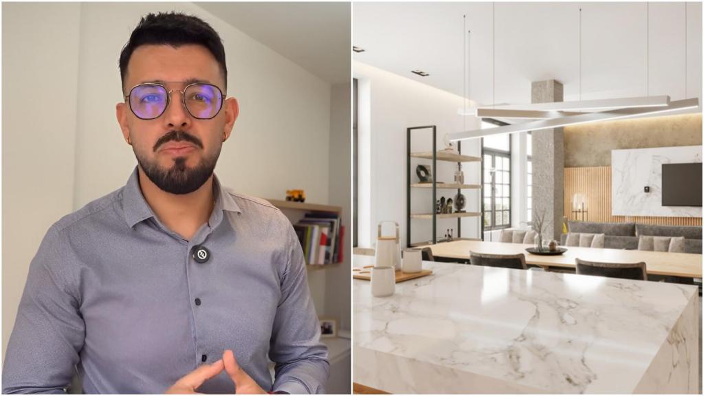 Montaje con David López, experto en reformas, junto a una cocina con mármol.