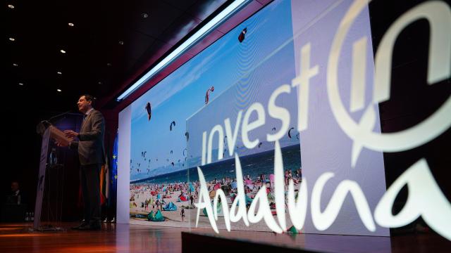 El presidente de Andalucía, Juanma Moreno, durante el acto para atraer inversión extranjera en Madrid.