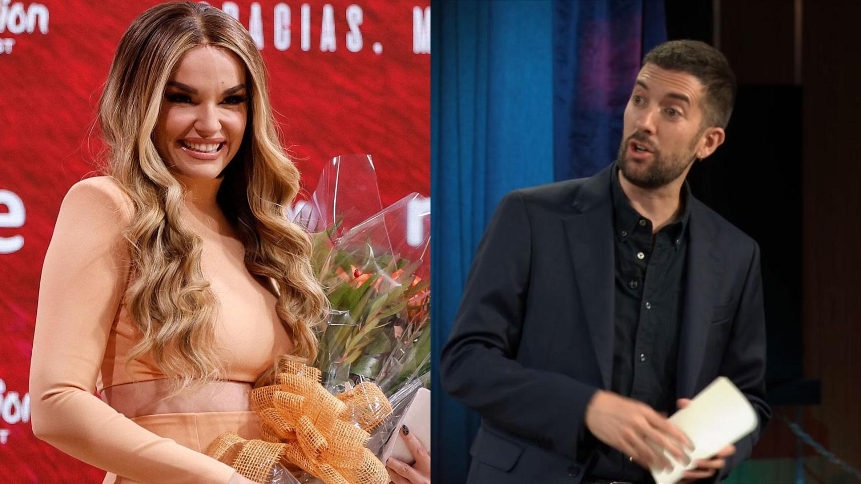 Melody en su rueda de prensa y David Broncano en 'La Revuelta'.