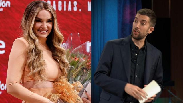 Melody en su rueda de prensa y David Broncano en 'La Revuelta'.