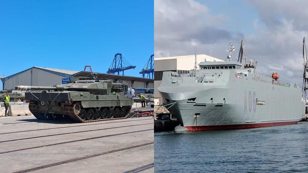 El carro de combate Leopardo 2E (izqda) y el buque Ysabel (dcha).
