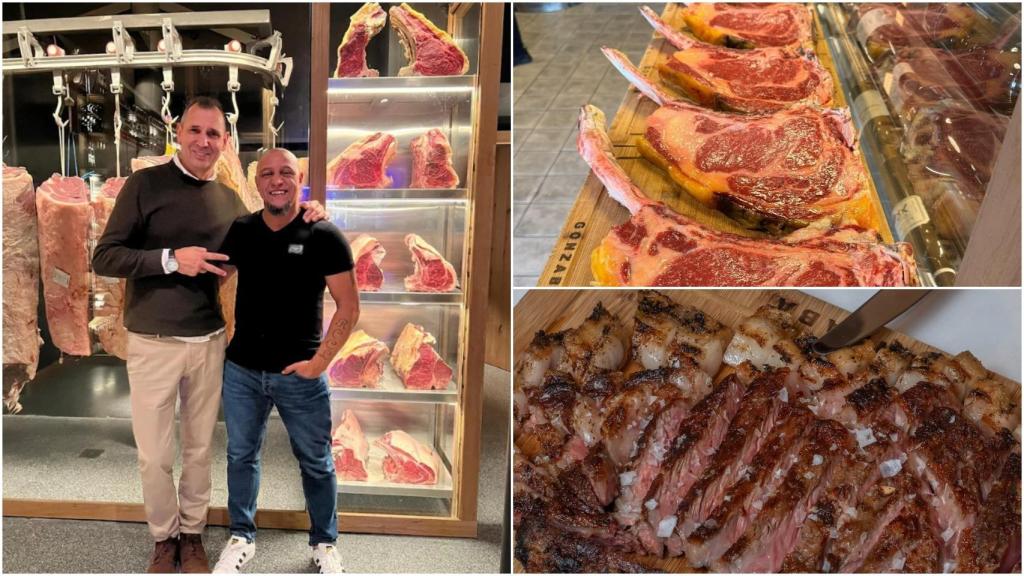 El exfutbolista Roberto Carlos y varias carnes de Asador Gonzaba.