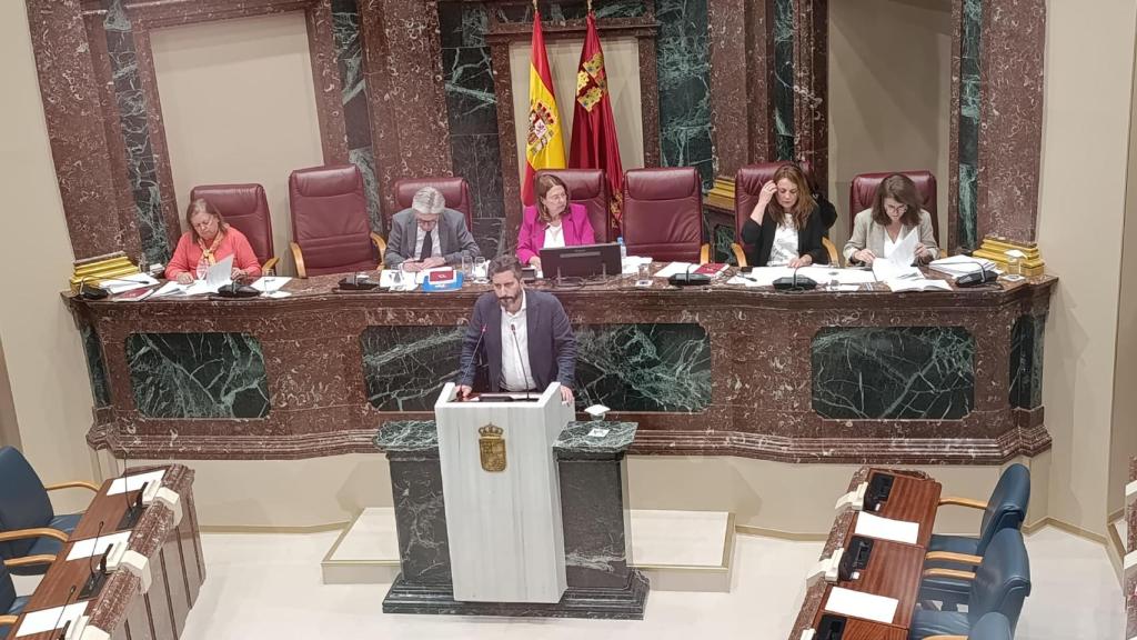 El diputado de Podemos, Víctor Egío, presenta este martes en la Asamblea Regional la moción para impulsar la Ley Sara.